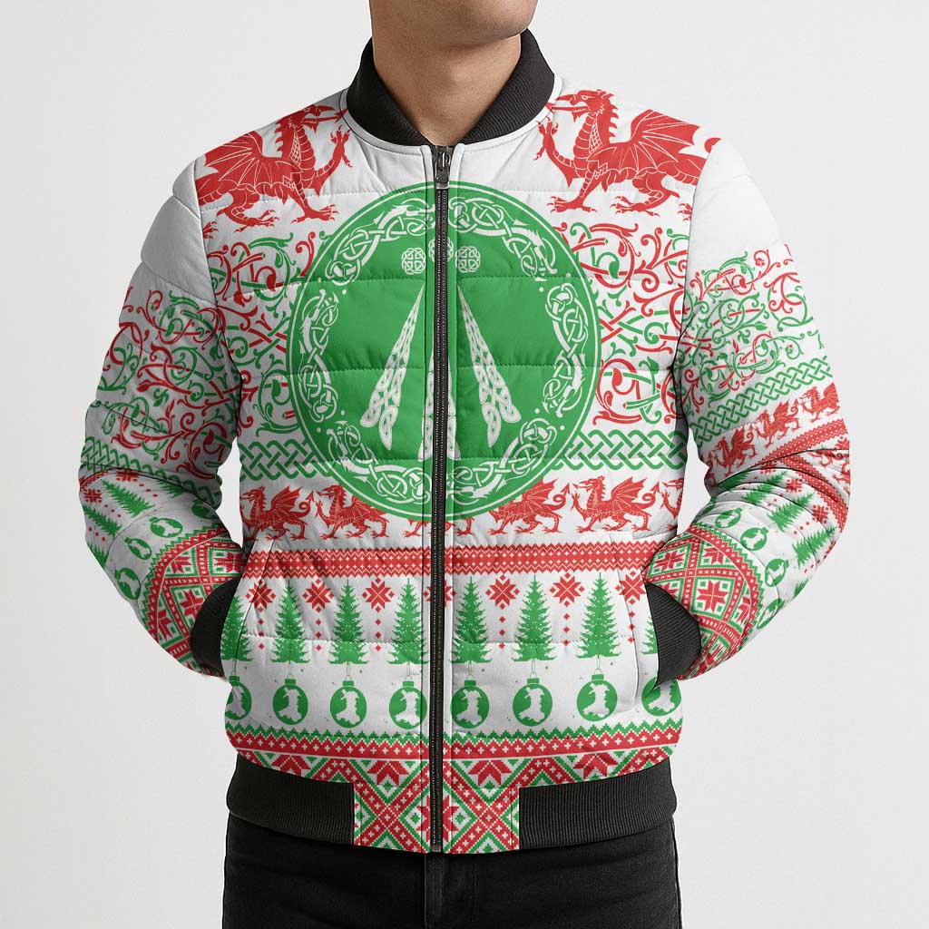 Welsh Christmas Bomber Puffer Jacket Awen and Celtics Culture with Xmas Elements - Wonder Print Shop