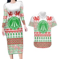 Welsh Christmas Couples Matching Long Sleeve Bodycon Dress and Hawaiian Shirt Awen and Celtics Culture with Xmas Elements - Wonder Print Shop
