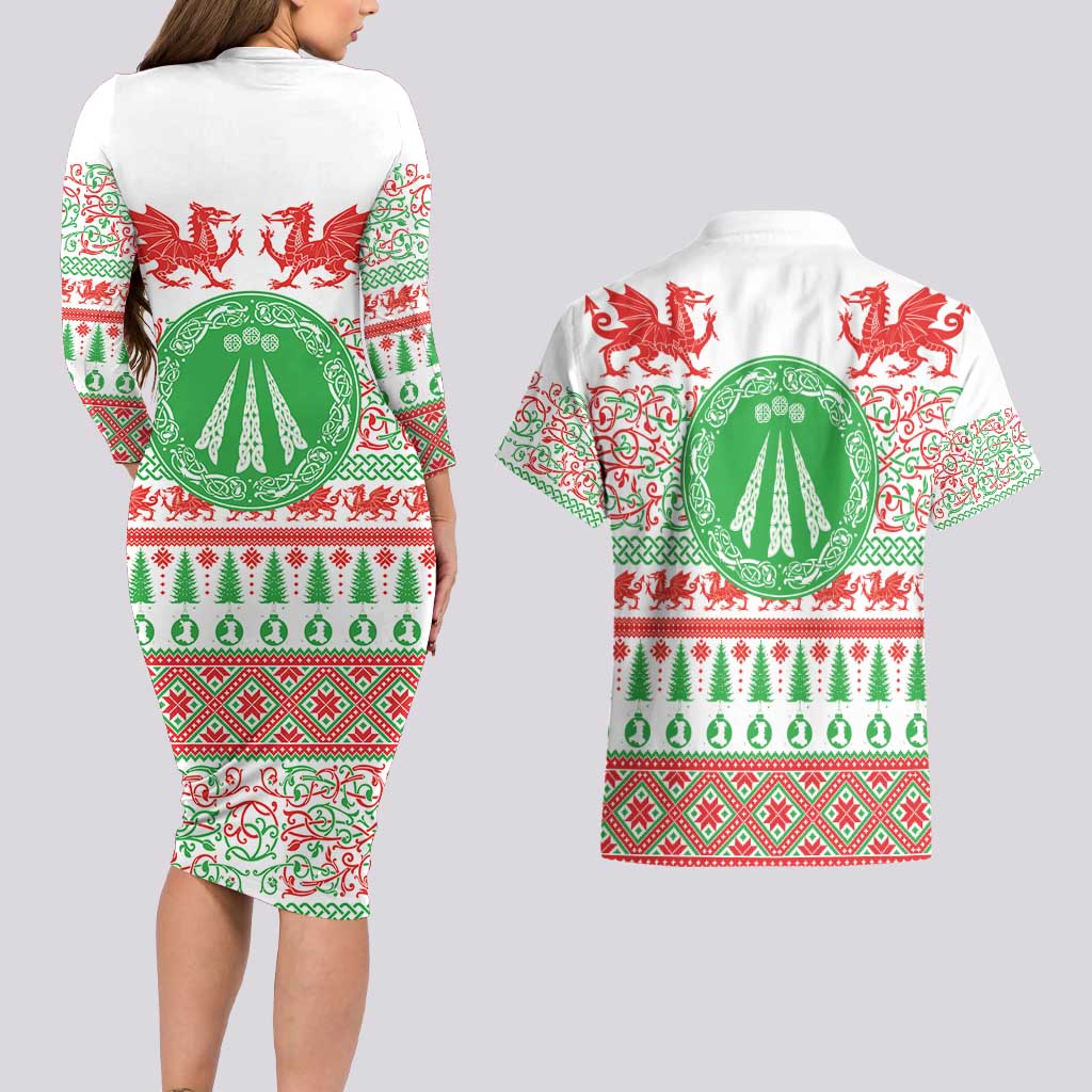 Welsh Christmas Couples Matching Long Sleeve Bodycon Dress and Hawaiian Shirt Awen and Celtics Culture with Xmas Elements - Wonder Print Shop