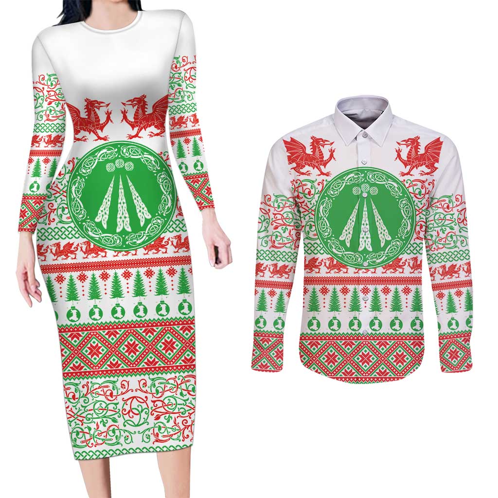 Welsh Christmas Couples Matching Long Sleeve Bodycon Dress and Long Sleeve Button Shirt Awen and Celtics Culture with Xmas Elements - Wonder Print Shop