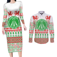 Welsh Christmas Couples Matching Long Sleeve Bodycon Dress and Long Sleeve Button Shirt Awen and Celtics Culture with Xmas Elements - Wonder Print Shop