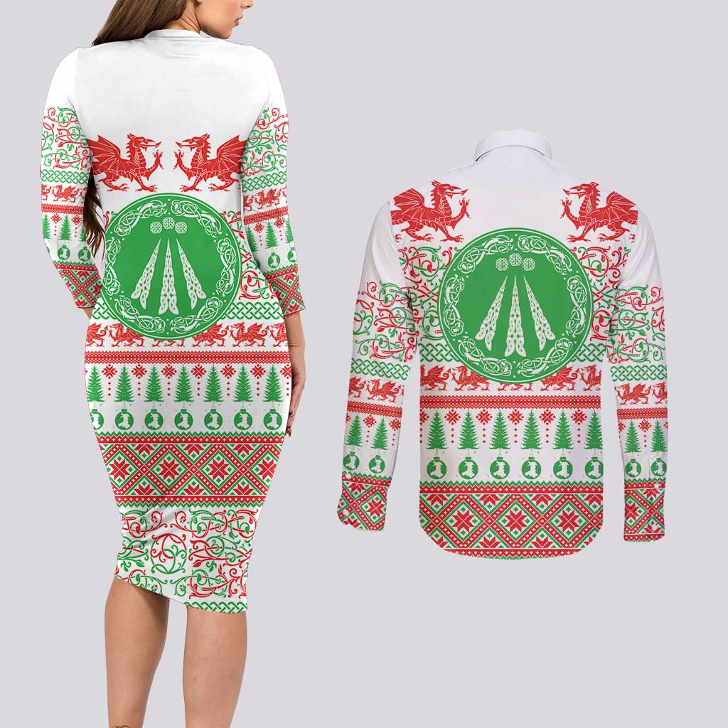 Welsh Christmas Couples Matching Long Sleeve Bodycon Dress and Long Sleeve Button Shirt Awen and Celtics Culture with Xmas Elements - Wonder Print Shop