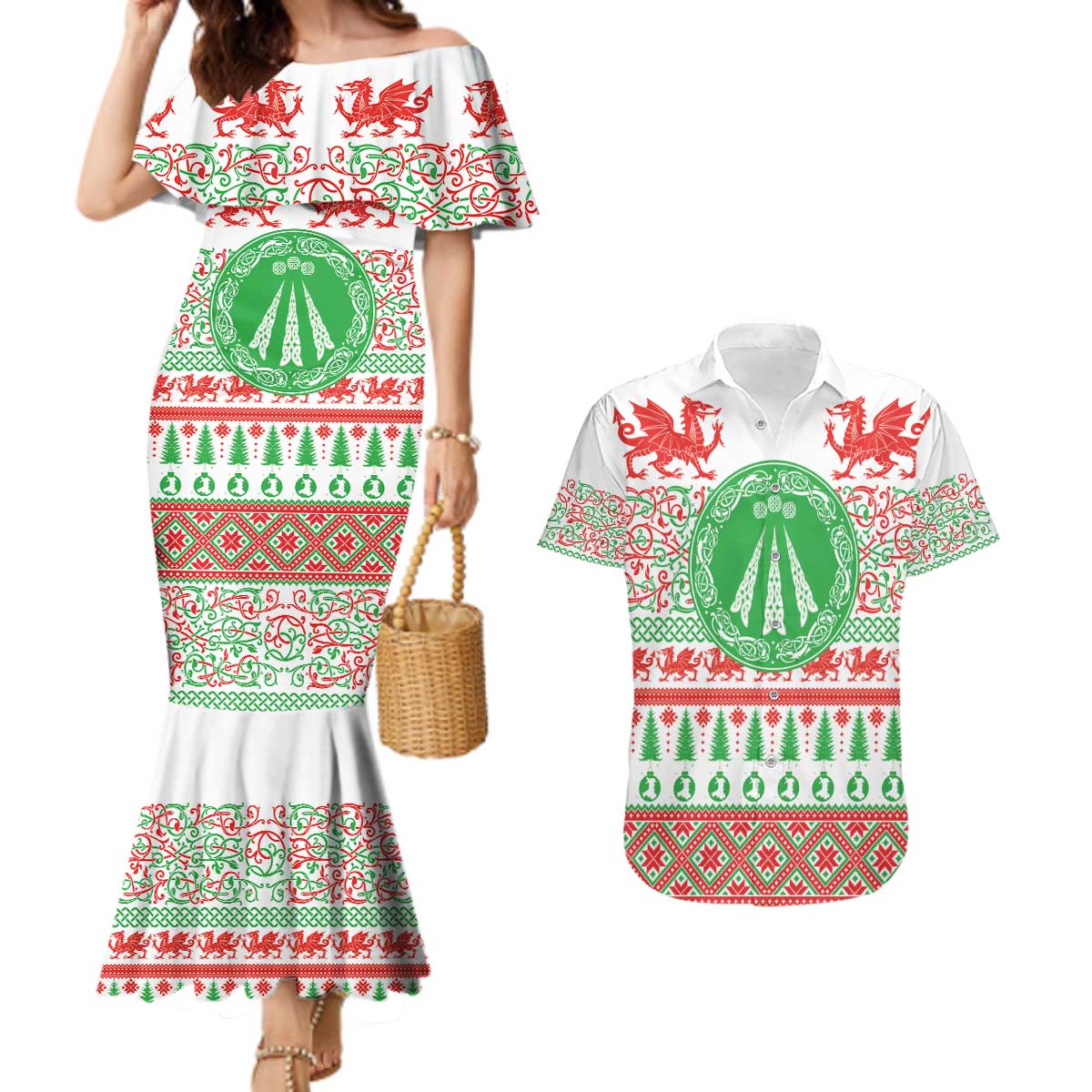 Welsh Christmas Couples Matching Mermaid Dress and Hawaiian Shirt Awen and Celtics Culture with Xmas Elements - Wonder Print Shop