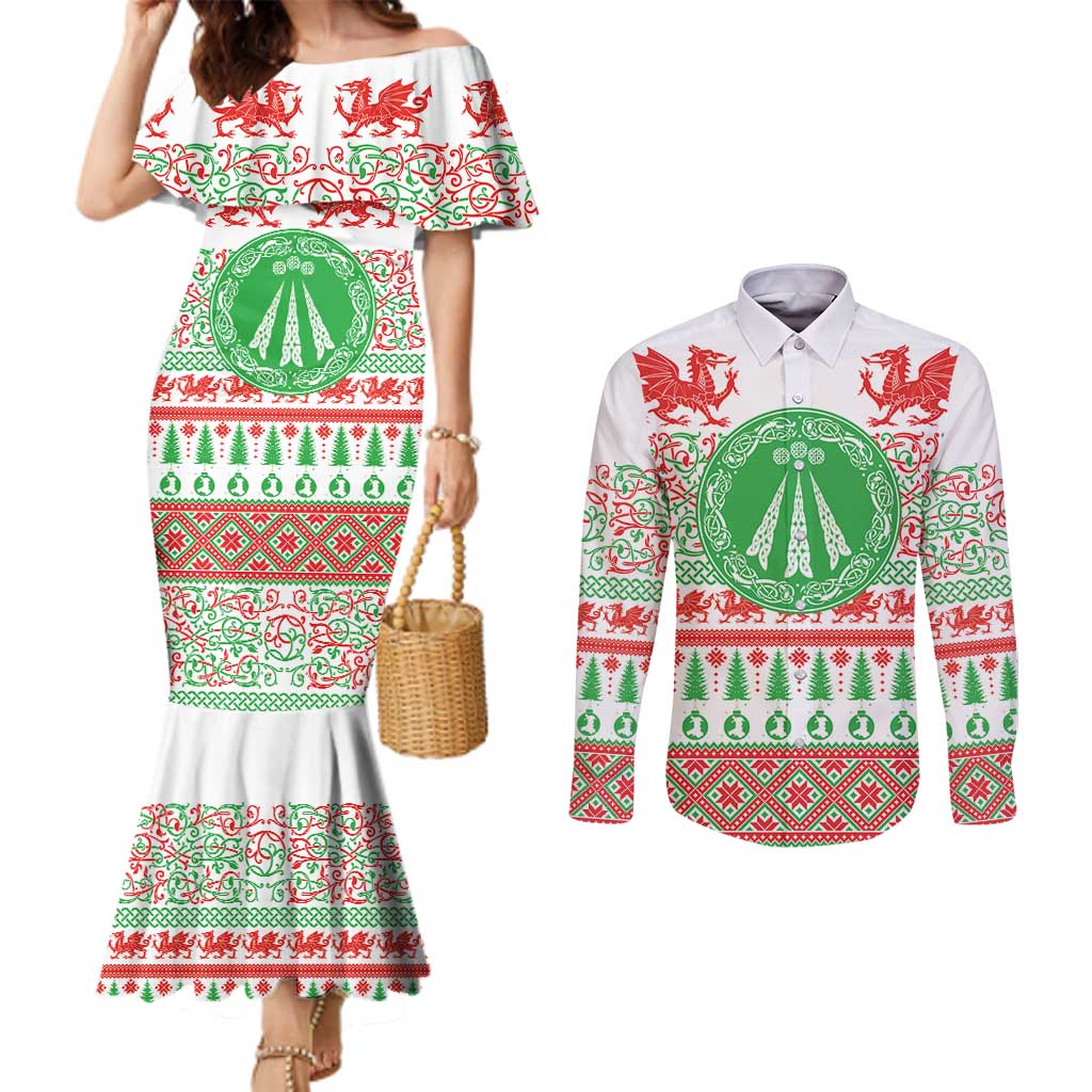 Welsh Christmas Couples Matching Mermaid Dress and Long Sleeve Button Shirt Awen and Celtics Culture with Xmas Elements - Wonder Print Shop