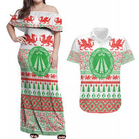 Welsh Christmas Couples Matching Off Shoulder Maxi Dress and Hawaiian Shirt Awen and Celtics Culture with Xmas Elements - Wonder Print Shop