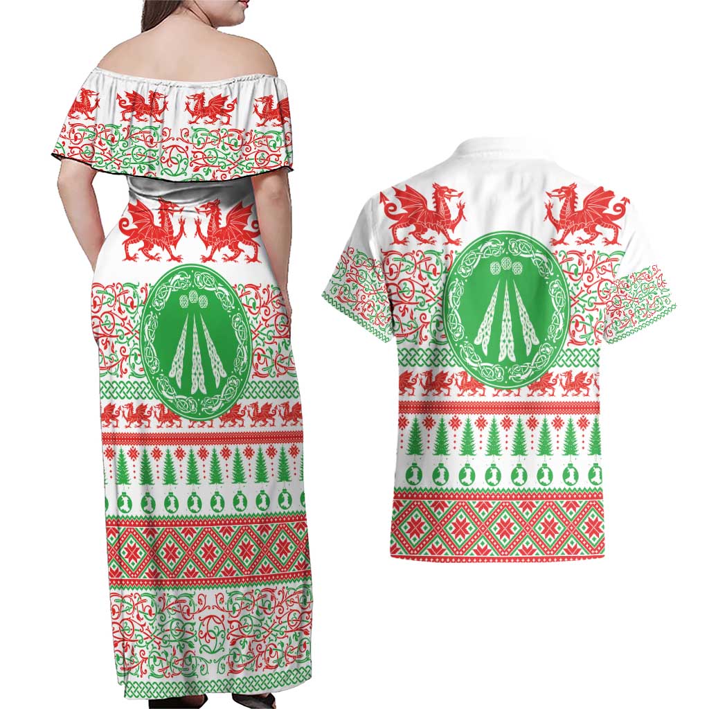 Welsh Christmas Couples Matching Off Shoulder Maxi Dress and Hawaiian Shirt Awen and Celtics Culture with Xmas Elements - Wonder Print Shop