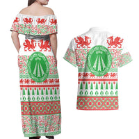Welsh Christmas Couples Matching Off Shoulder Maxi Dress and Hawaiian Shirt Awen and Celtics Culture with Xmas Elements - Wonder Print Shop