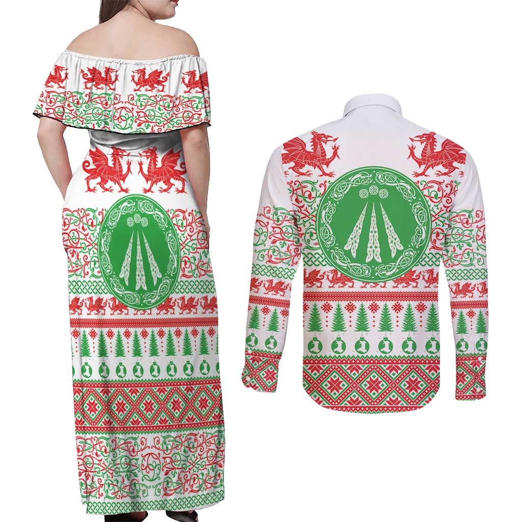 Welsh Christmas Couples Matching Off Shoulder Maxi Dress and Long Sleeve Button Shirt Awen and Celtics Culture with Xmas Elements - Wonder Print Shop