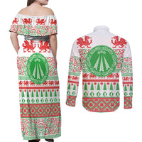 Welsh Christmas Couples Matching Off Shoulder Maxi Dress and Long Sleeve Button Shirt Awen and Celtics Culture with Xmas Elements - Wonder Print Shop