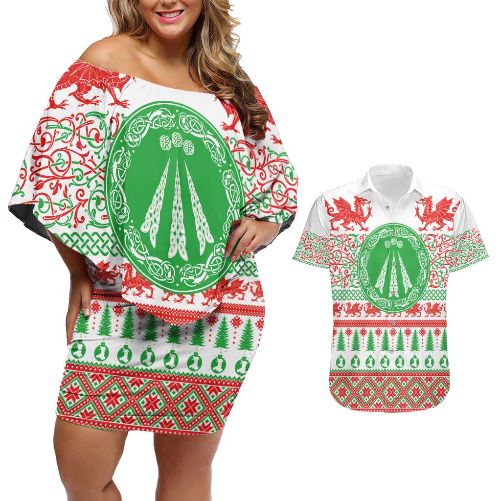 Welsh Christmas Couples Matching Off Shoulder Short Dress and Hawaiian Shirt Awen and Celtics Culture with Xmas Elements - Wonder Print Shop