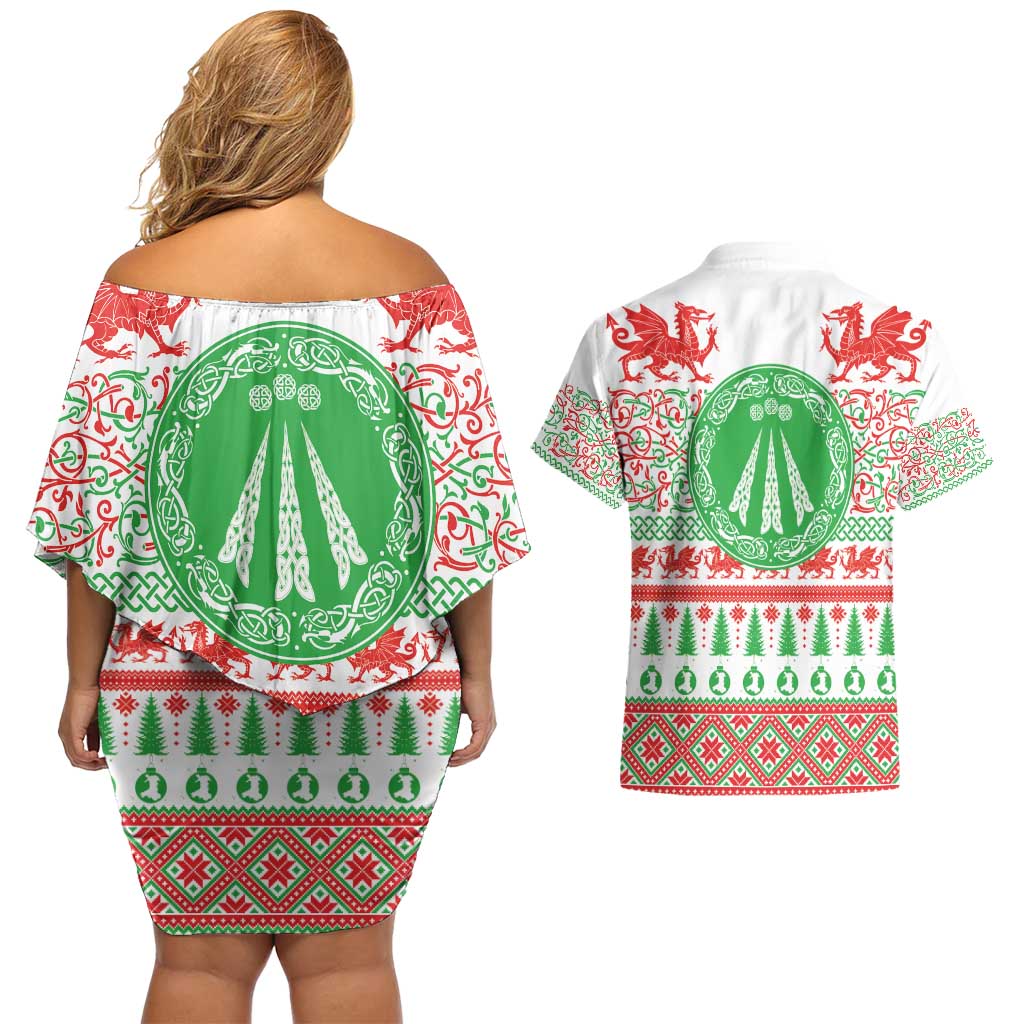 Welsh Christmas Couples Matching Off Shoulder Short Dress and Hawaiian Shirt Awen and Celtics Culture with Xmas Elements - Wonder Print Shop