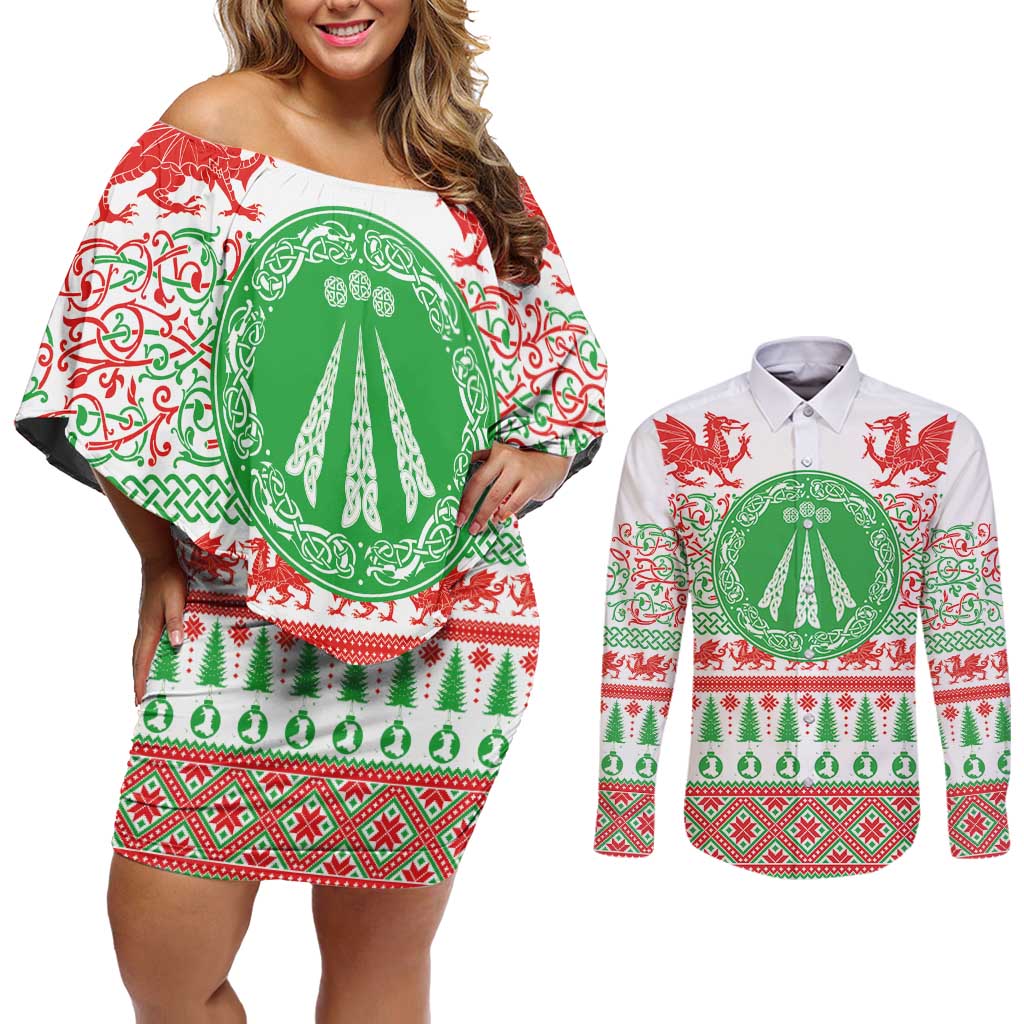 Welsh Christmas Couples Matching Off Shoulder Short Dress and Long Sleeve Button Shirt Awen and Celtics Culture with Xmas Elements - Wonder Print Shop