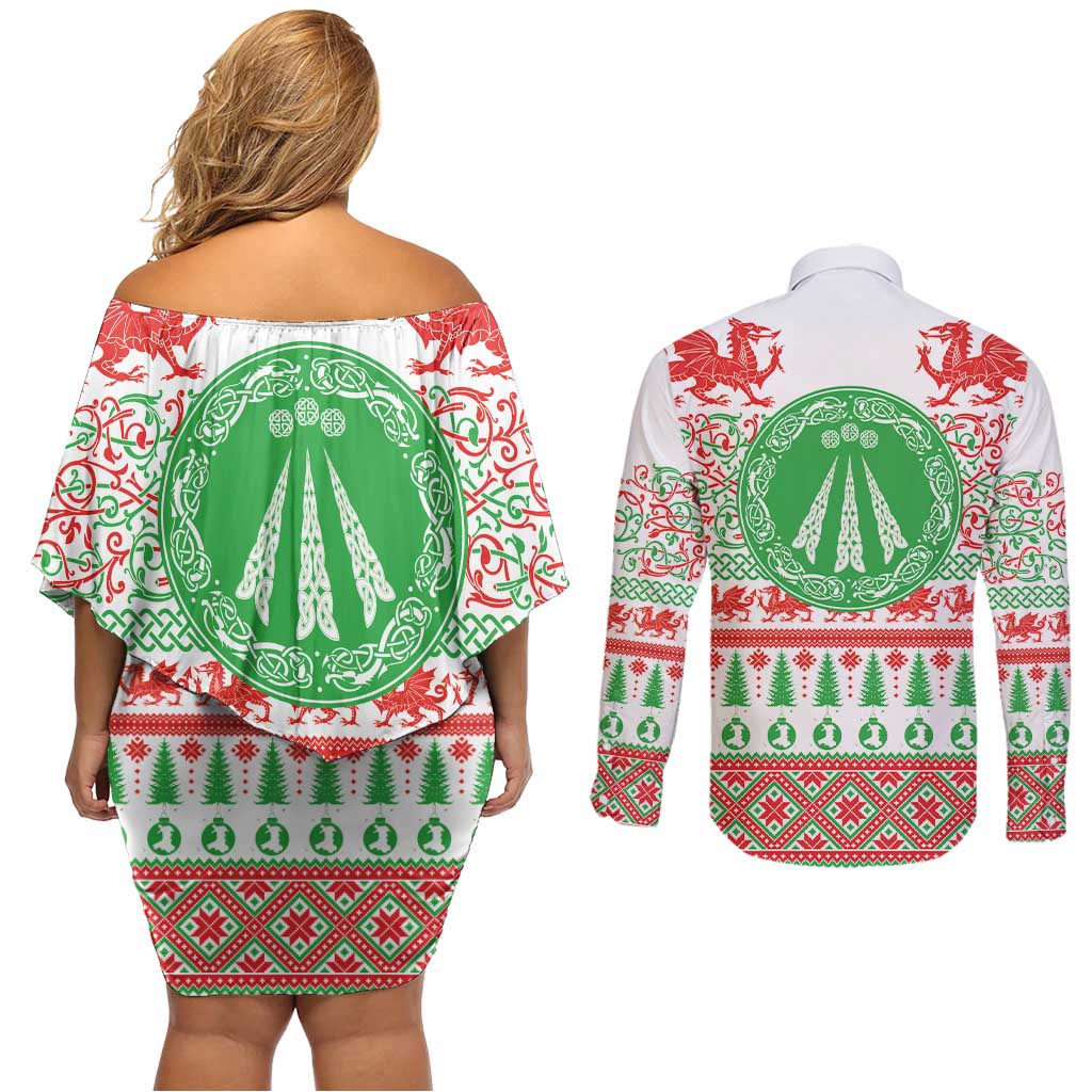 Welsh Christmas Couples Matching Off Shoulder Short Dress and Long Sleeve Button Shirt Awen and Celtics Culture with Xmas Elements - Wonder Print Shop