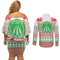 Welsh Christmas Couples Matching Off Shoulder Short Dress and Long Sleeve Button Shirt Awen and Celtics Culture with Xmas Elements - Wonder Print Shop