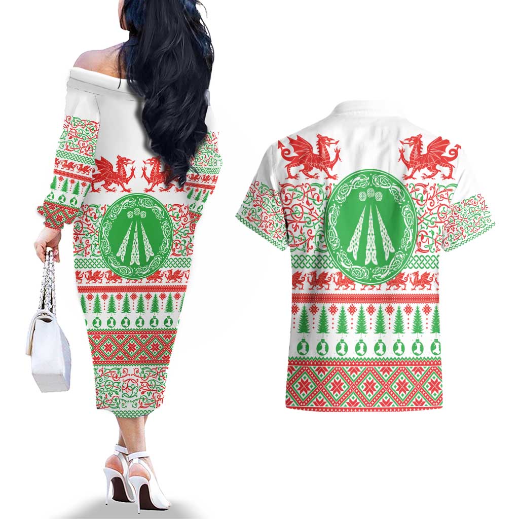 Welsh Christmas Couples Matching Off The Shoulder Long Sleeve Dress and Hawaiian Shirt Awen and Celtics Culture with Xmas Elements - Wonder Print Shop