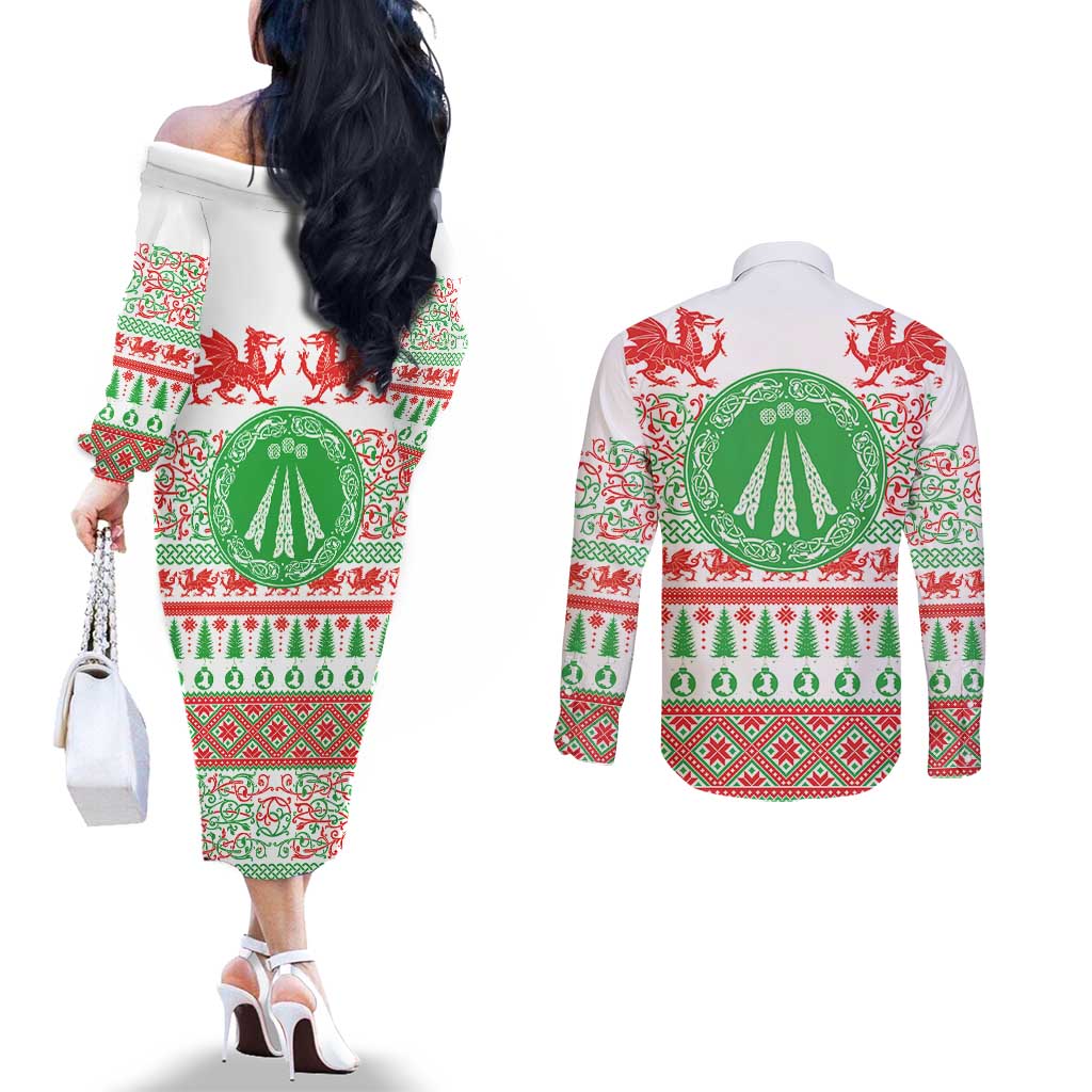 Welsh Christmas Couples Matching Off The Shoulder Long Sleeve Dress and Long Sleeve Button Shirt Awen and Celtics Culture with Xmas Elements - Wonder Print Shop