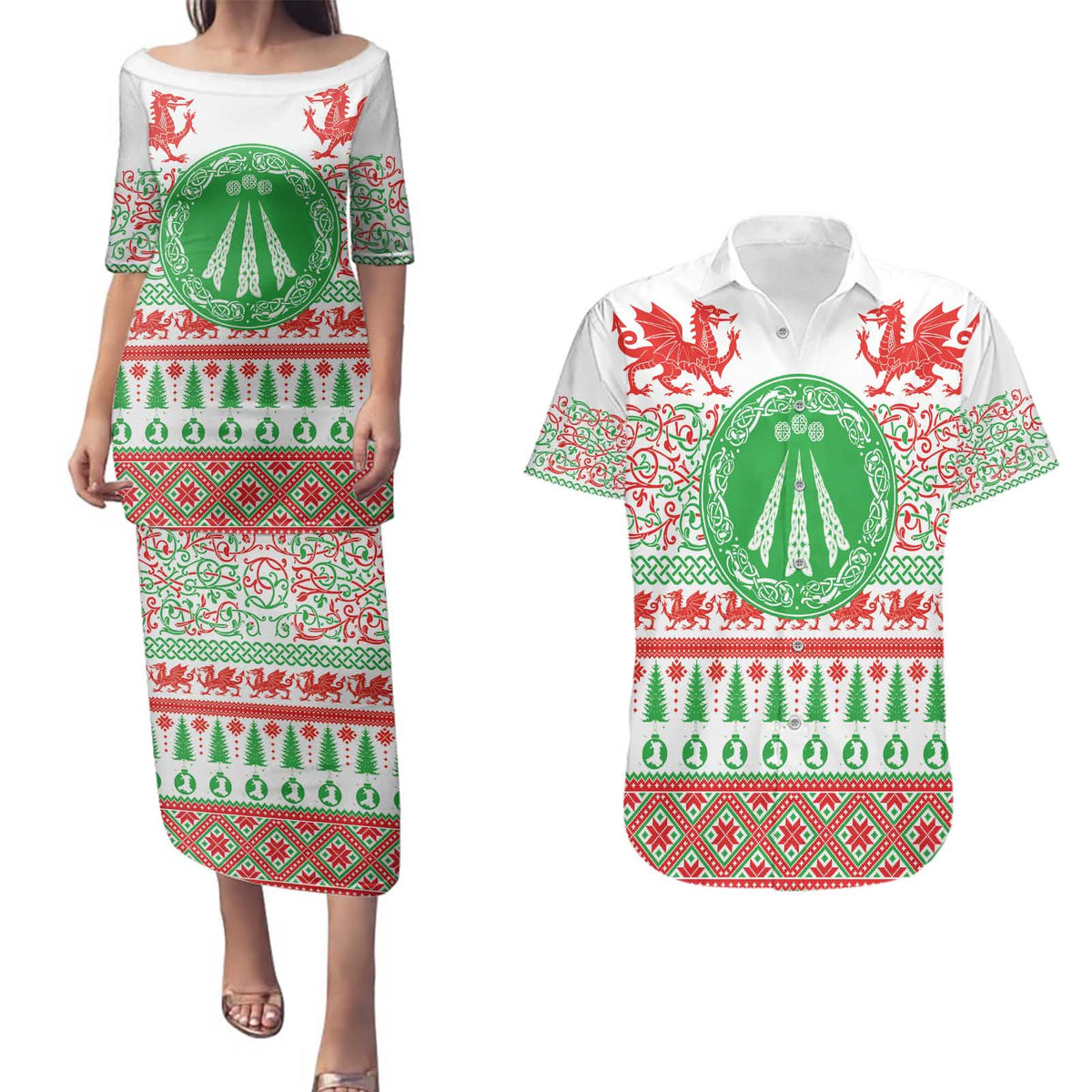 Welsh Christmas Couples Matching Puletasi and Hawaiian Shirt Awen and Celtics Culture with Xmas Elements - Wonder Print Shop