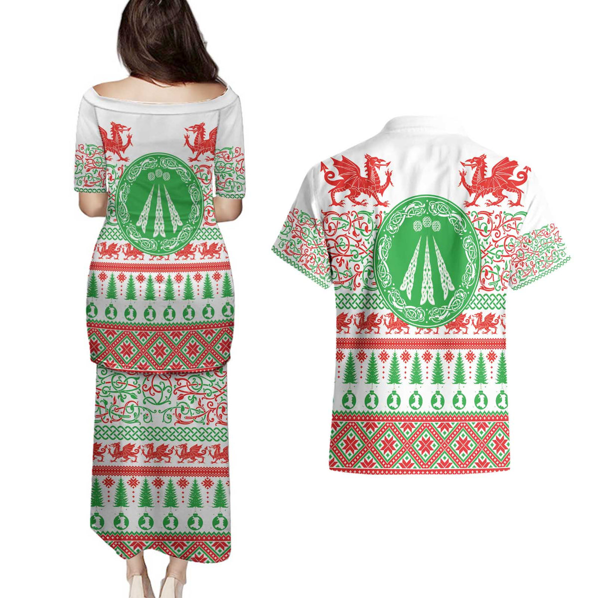 Welsh Christmas Couples Matching Puletasi and Hawaiian Shirt Awen and Celtics Culture with Xmas Elements - Wonder Print Shop