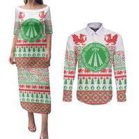 Welsh Christmas Couples Matching Puletasi and Long Sleeve Button Shirt Awen and Celtics Culture with Xmas Elements - Wonder Print Shop