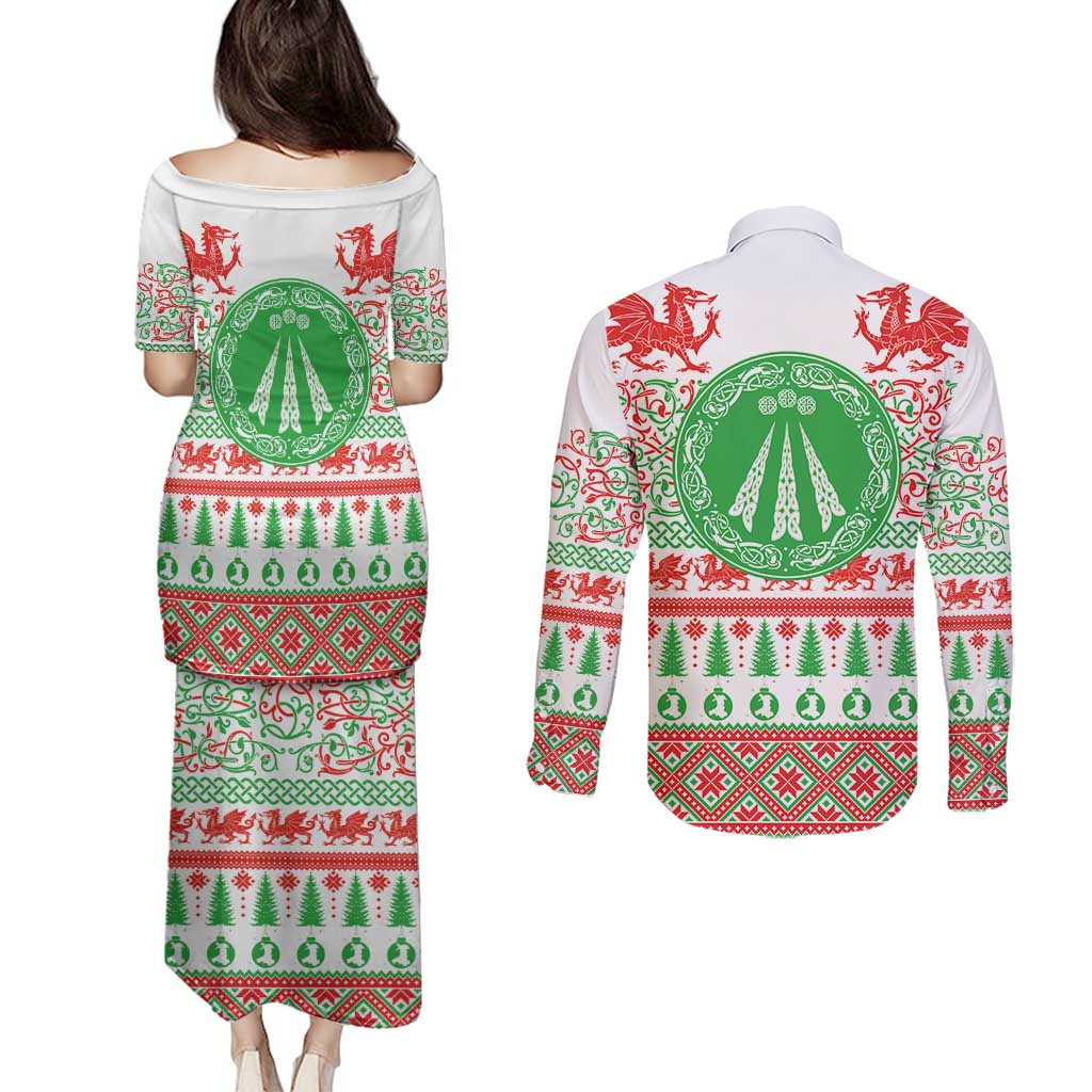 Welsh Christmas Couples Matching Puletasi and Long Sleeve Button Shirt Awen and Celtics Culture with Xmas Elements - Wonder Print Shop