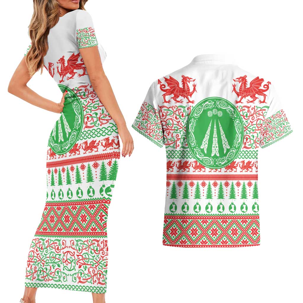 Welsh Christmas Couples Matching Short Sleeve Bodycon Dress and Hawaiian Shirt Awen and Celtics Culture with Xmas Elements - Wonder Print Shop