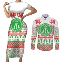Welsh Christmas Couples Matching Short Sleeve Bodycon Dress and Long Sleeve Button Shirt Awen and Celtics Culture with Xmas Elements - Wonder Print Shop