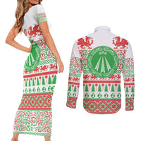 Welsh Christmas Couples Matching Short Sleeve Bodycon Dress and Long Sleeve Button Shirt Awen and Celtics Culture with Xmas Elements - Wonder Print Shop