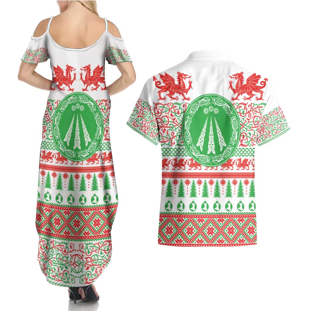 Welsh Christmas Couples Matching Summer Maxi Dress and Hawaiian Shirt Awen and Celtics Culture with Xmas Elements - Wonder Print Shop