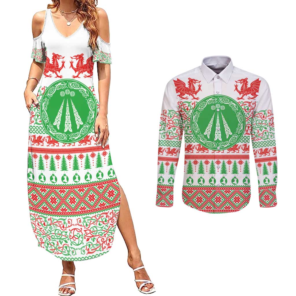 Welsh Christmas Couples Matching Summer Maxi Dress and Long Sleeve Button Shirt Awen and Celtics Culture with Xmas Elements - Wonder Print Shop