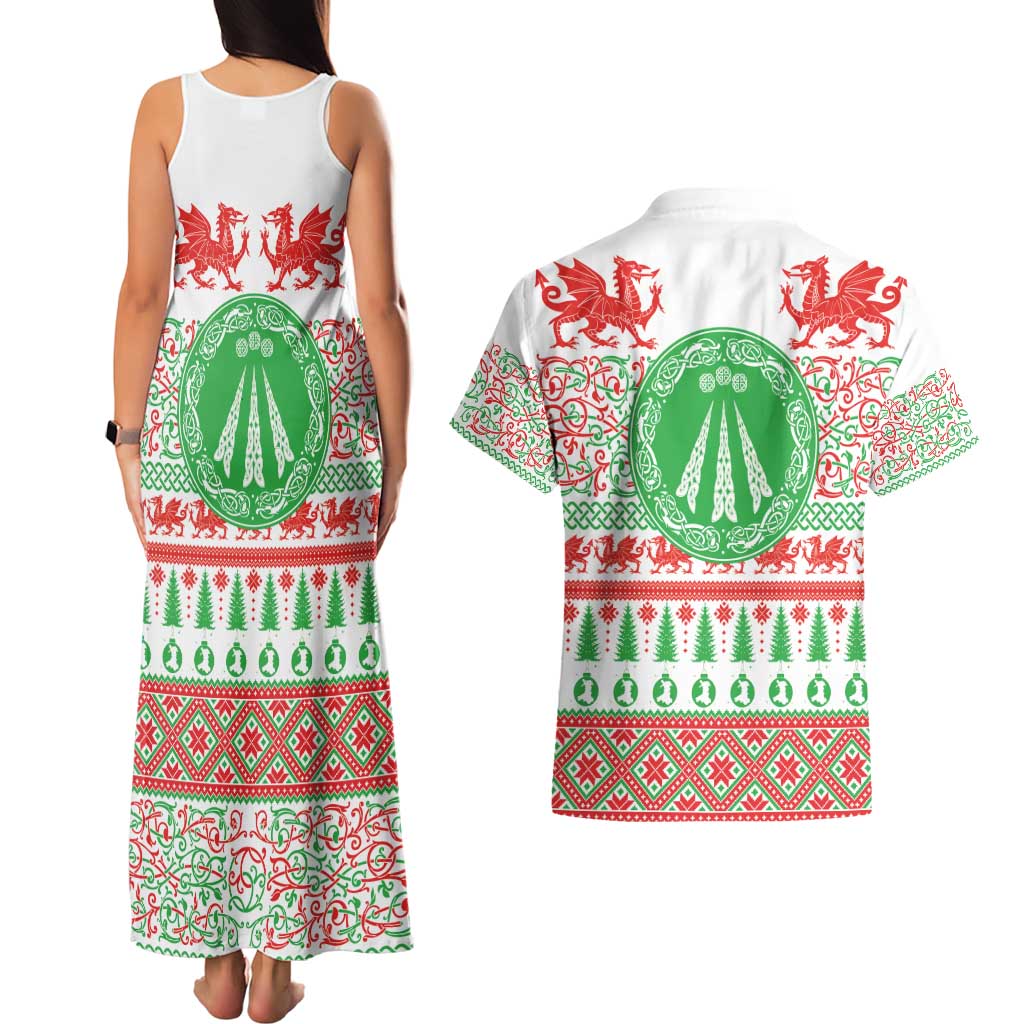 Welsh Christmas Couples Matching Tank Maxi Dress and Hawaiian Shirt Awen and Celtics Culture with Xmas Elements - Wonder Print Shop