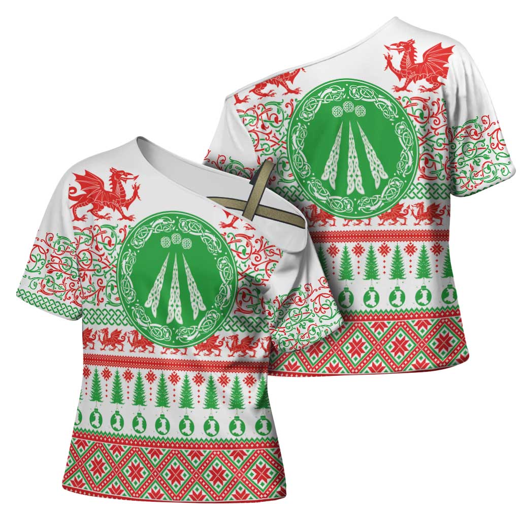 Welsh Christmas Cross Shoulder Shirt Awen and Celtics Culture with Xmas Elements - Wonder Print Shop