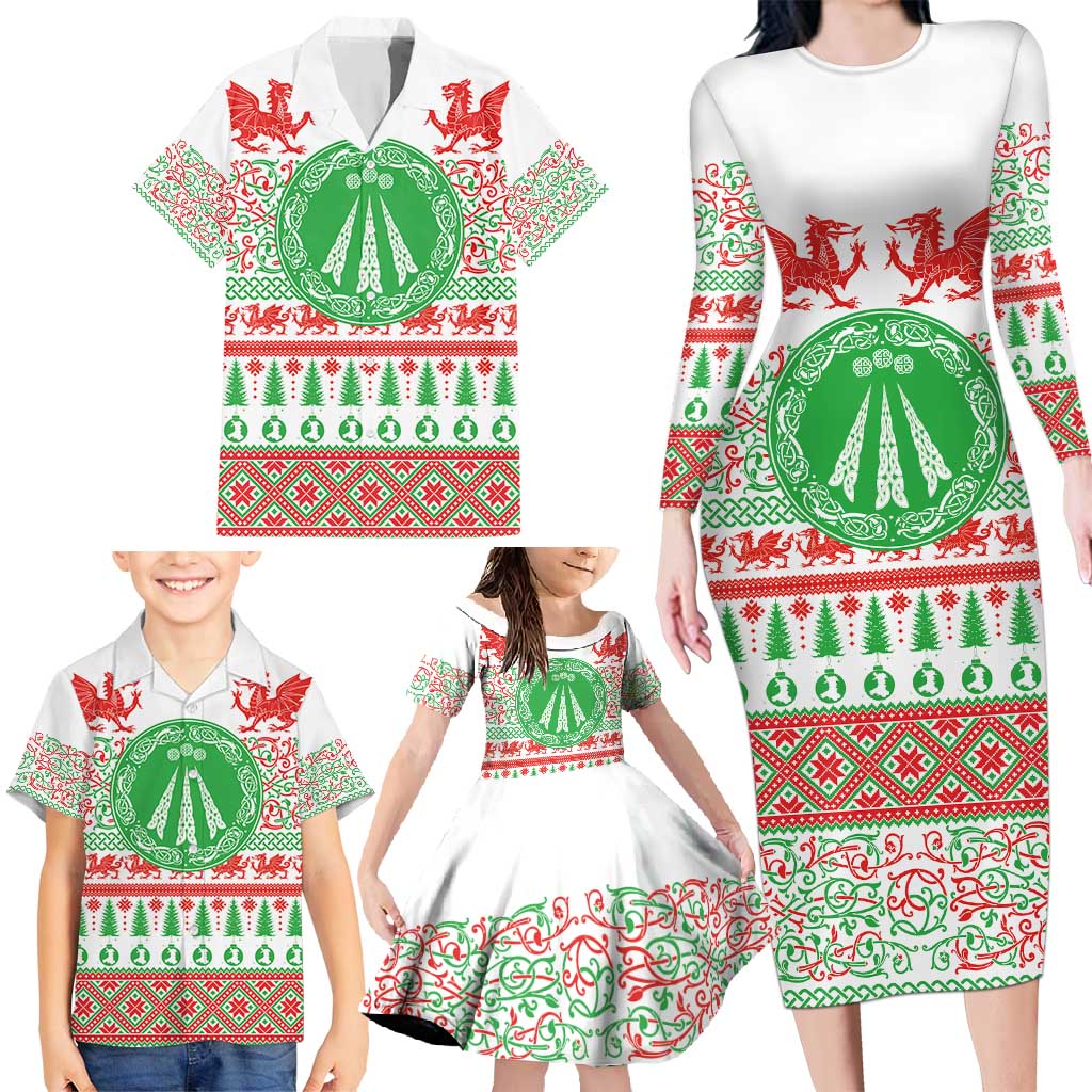 Welsh Christmas Family Matching Long Sleeve Bodycon Dress and Hawaiian Shirt Awen and Celtics Culture with Xmas Elements - Wonder Print Shop