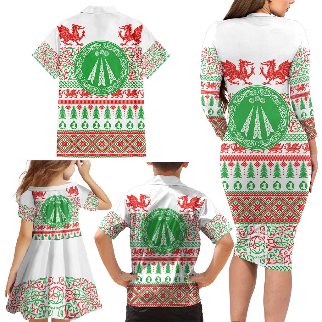 Welsh Christmas Family Matching Long Sleeve Bodycon Dress and Hawaiian Shirt Awen and Celtics Culture with Xmas Elements - Wonder Print Shop