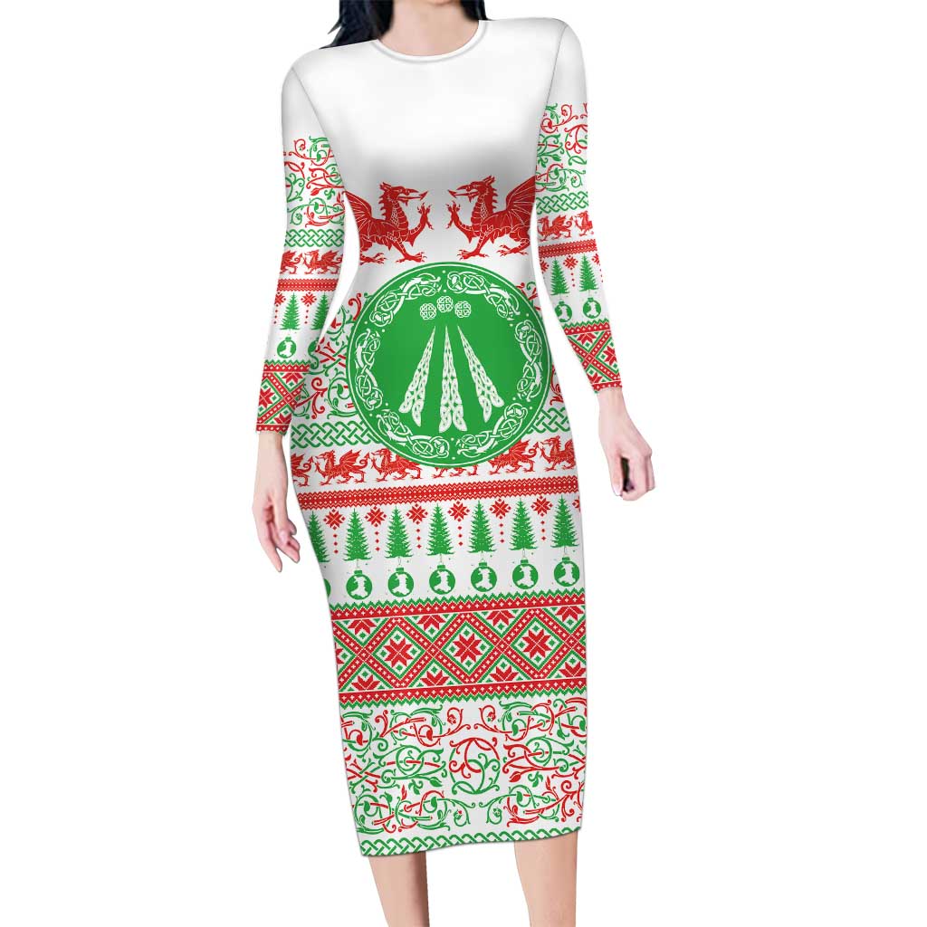 Welsh Christmas Family Matching Long Sleeve Bodycon Dress and Hawaiian Shirt Awen and Celtics Culture with Xmas Elements - Wonder Print Shop