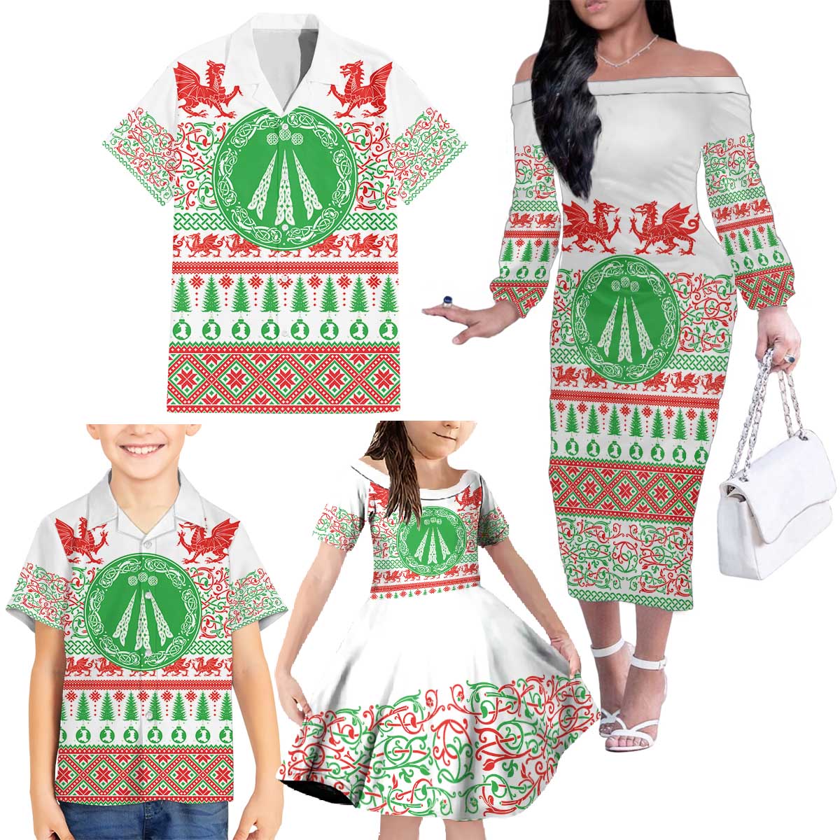 Welsh Christmas Family Matching Off The Shoulder Long Sleeve Dress and Hawaiian Shirt Awen and Celtics Culture with Xmas Elements - Wonder Print Shop