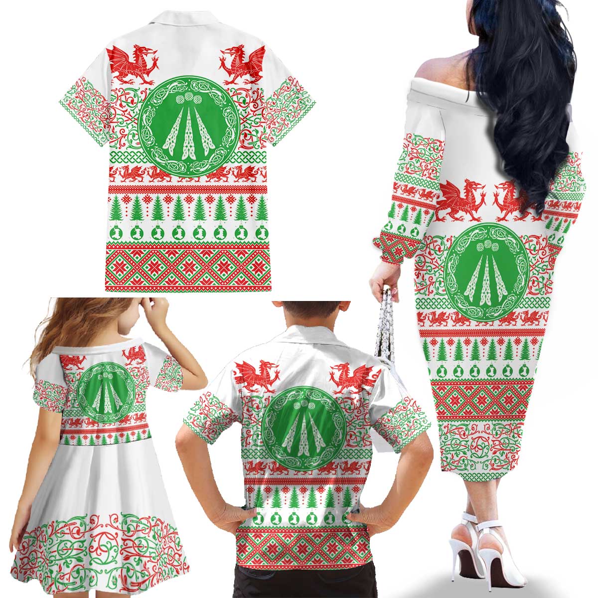 Welsh Christmas Family Matching Off The Shoulder Long Sleeve Dress and Hawaiian Shirt Awen and Celtics Culture with Xmas Elements - Wonder Print Shop