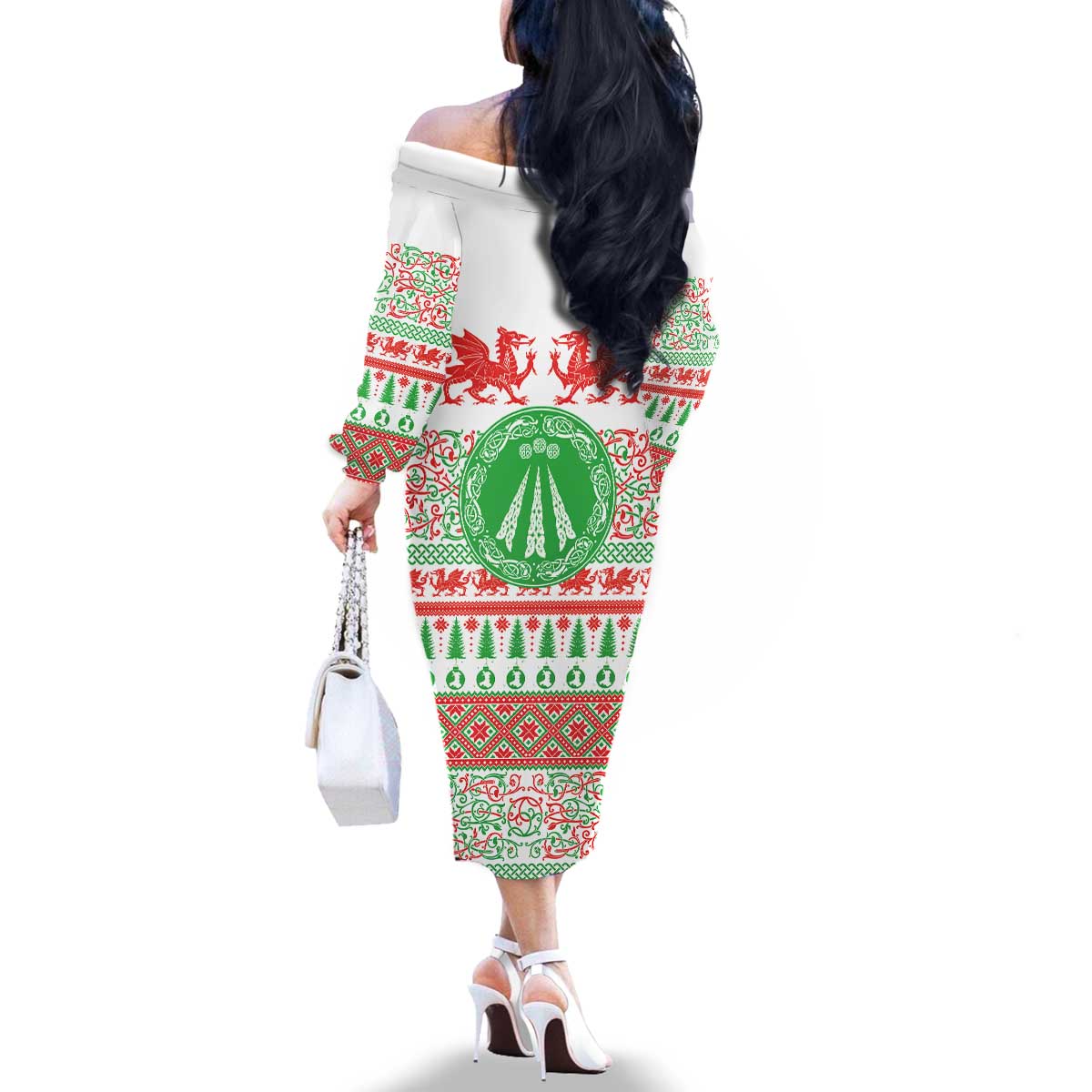Welsh Christmas Family Matching Off The Shoulder Long Sleeve Dress and Hawaiian Shirt Awen and Celtics Culture with Xmas Elements - Wonder Print Shop