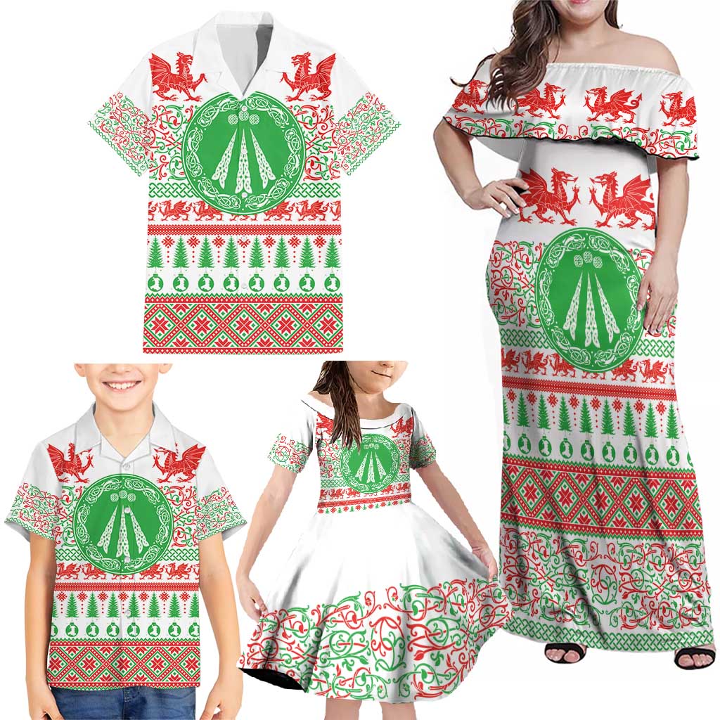Welsh Christmas Family Matching Off Shoulder Maxi Dress and Hawaiian Shirt Awen and Celtics Culture with Xmas Elements - Wonder Print Shop