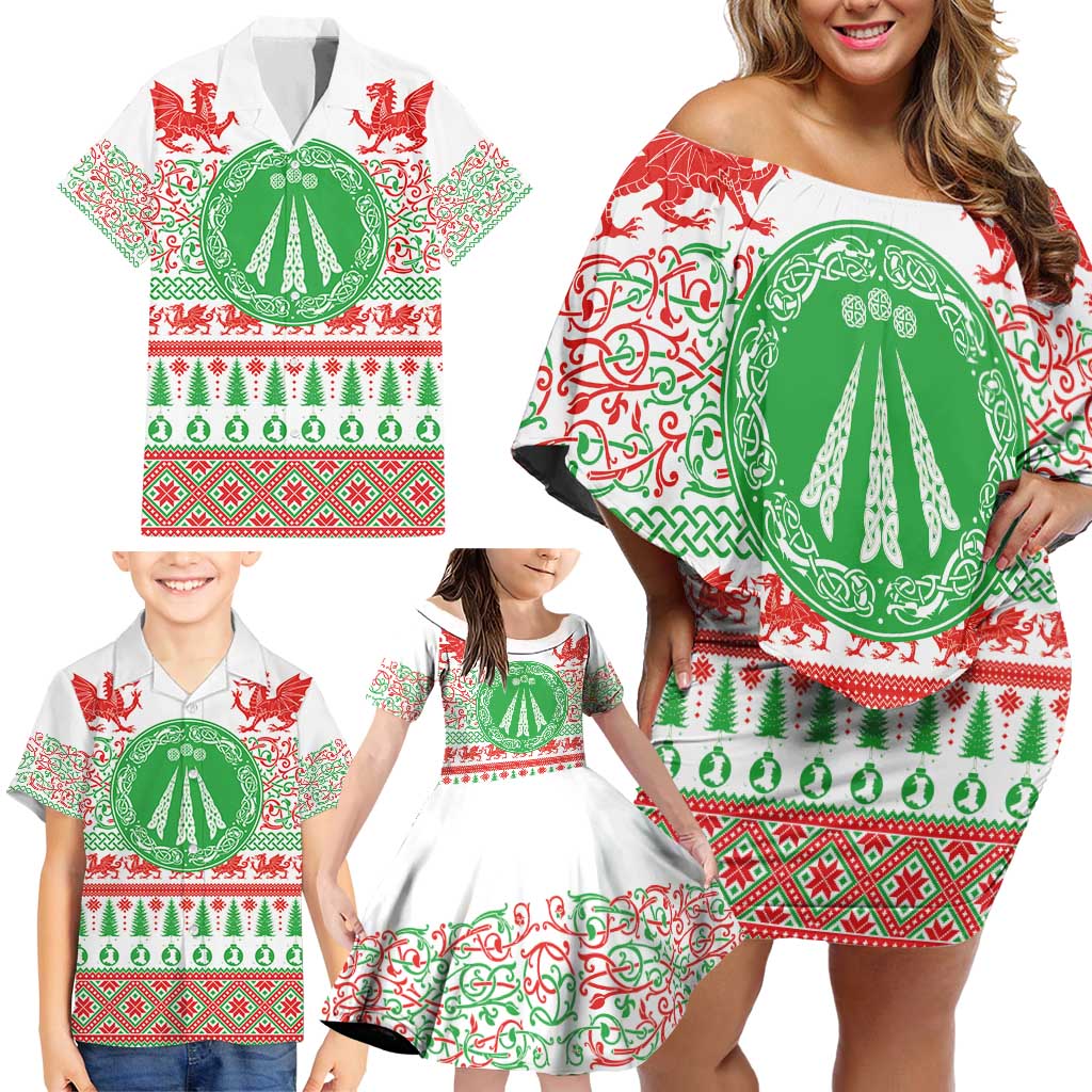 Welsh Christmas Family Matching Off Shoulder Short Dress and Hawaiian Shirt Awen and Celtics Culture with Xmas Elements - Wonder Print Shop