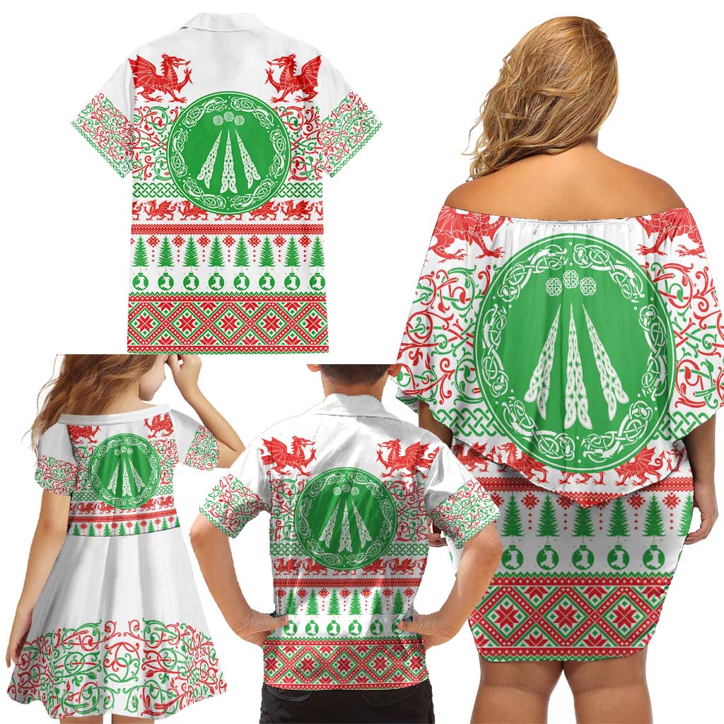 Welsh Christmas Family Matching Off Shoulder Short Dress and Hawaiian Shirt Awen and Celtics Culture with Xmas Elements - Wonder Print Shop