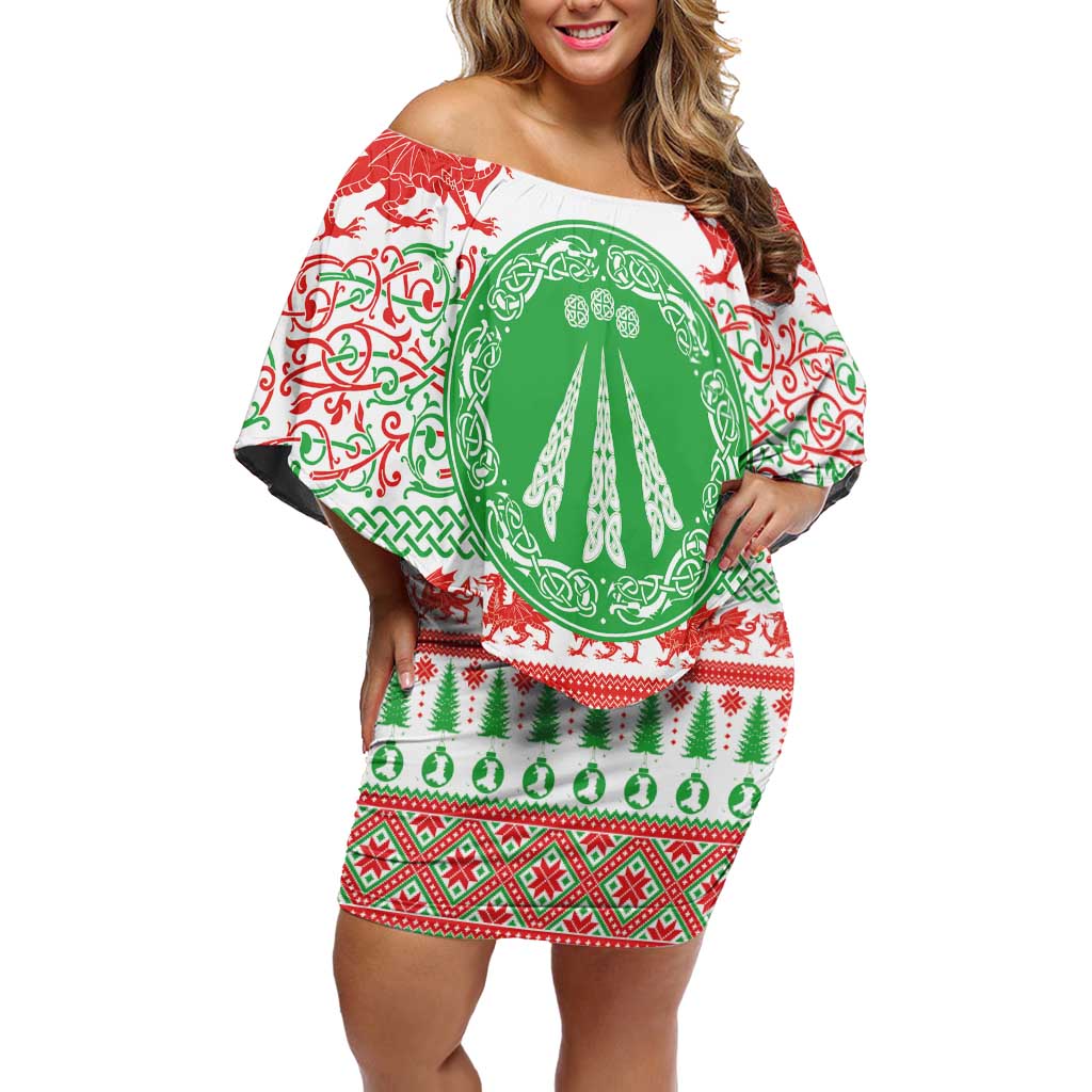 Welsh Christmas Family Matching Off Shoulder Short Dress and Hawaiian Shirt Awen and Celtics Culture with Xmas Elements - Wonder Print Shop