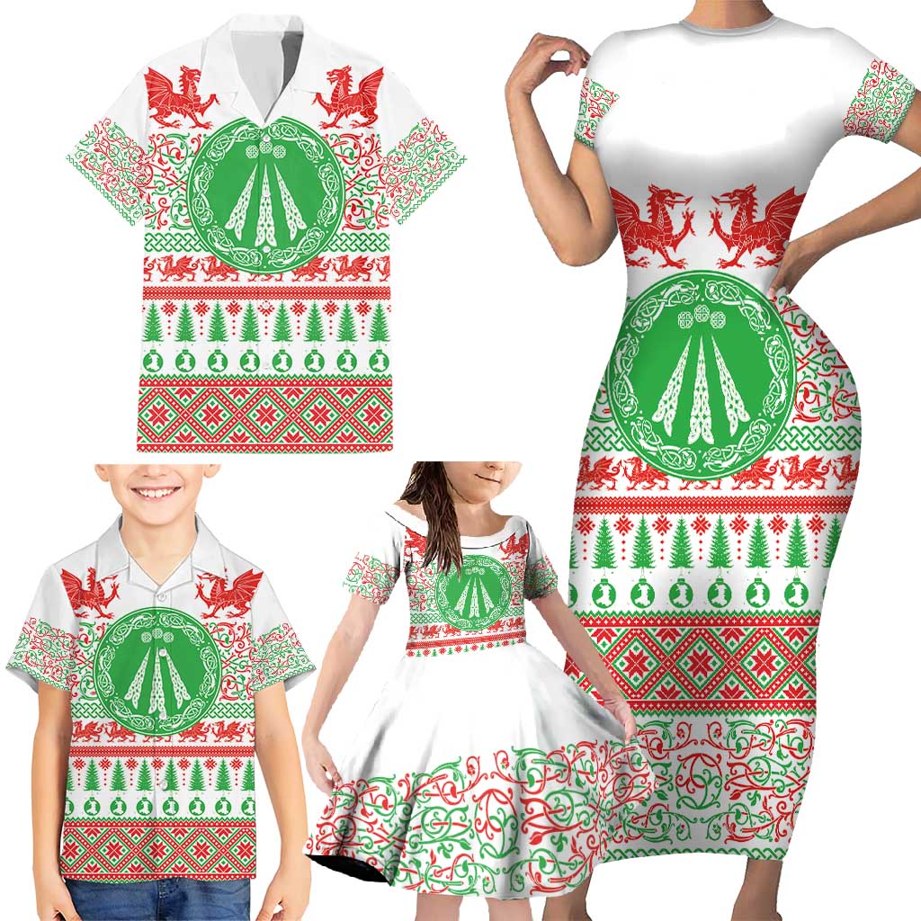 Welsh Christmas Family Matching Short Sleeve Bodycon Dress and Hawaiian Shirt Awen and Celtics Culture with Xmas Elements - Wonder Print Shop