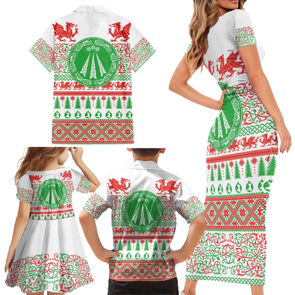 Welsh Christmas Family Matching Short Sleeve Bodycon Dress and Hawaiian Shirt Awen and Celtics Culture with Xmas Elements - Wonder Print Shop