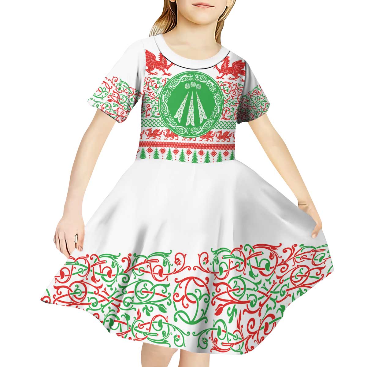 Welsh Christmas Kid Short Sleeve Dress Awen and Celtics Culture with Xmas Elements - Wonder Print Shop