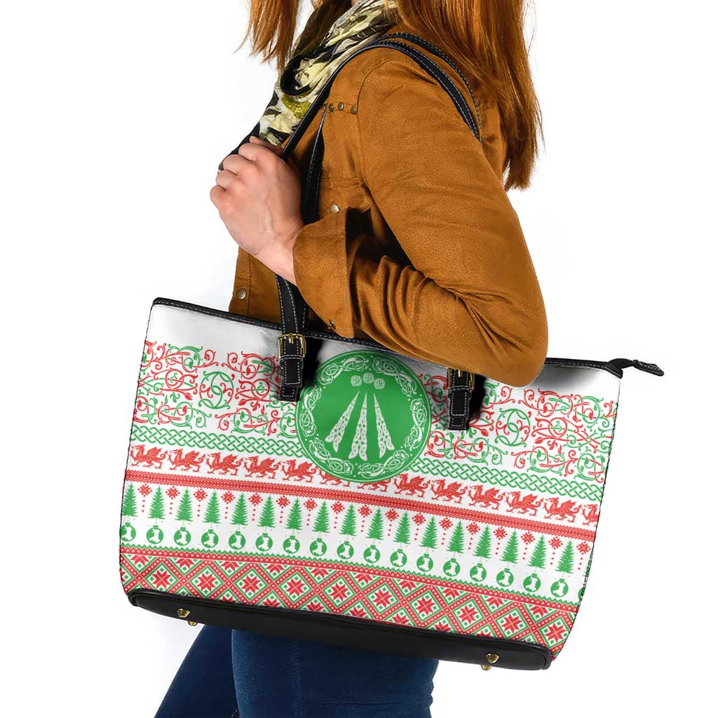 Welsh Christmas Leather Tote Bag Awen and Celtics Culture with Xmas Elements - Wonder Print Shop