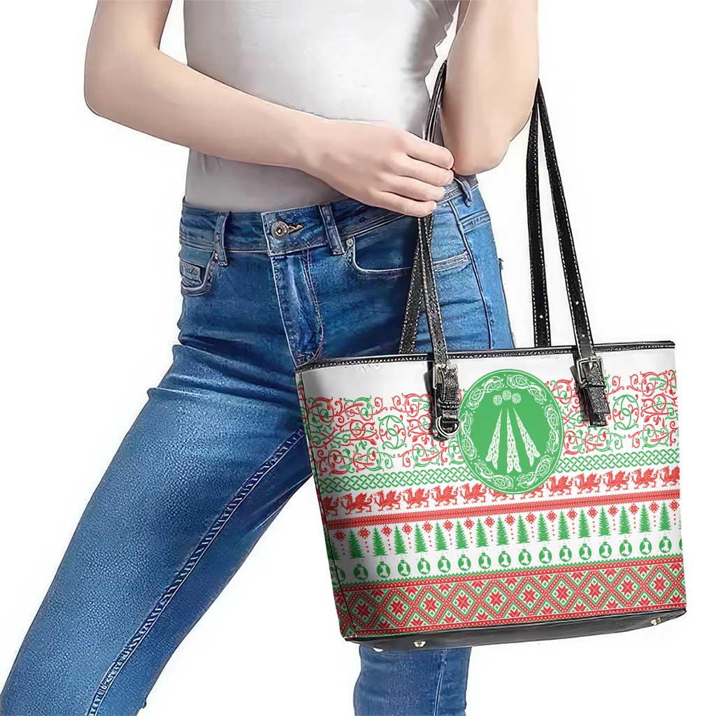 Welsh Christmas Leather Tote Bag Awen and Celtics Culture with Xmas Elements - Wonder Print Shop