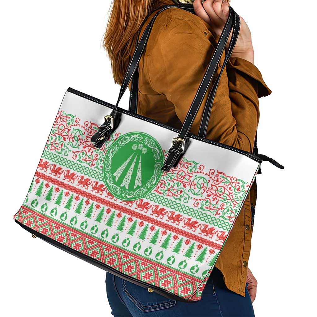 Welsh Christmas Leather Tote Bag Awen and Celtics Culture with Xmas Elements - Wonder Print Shop