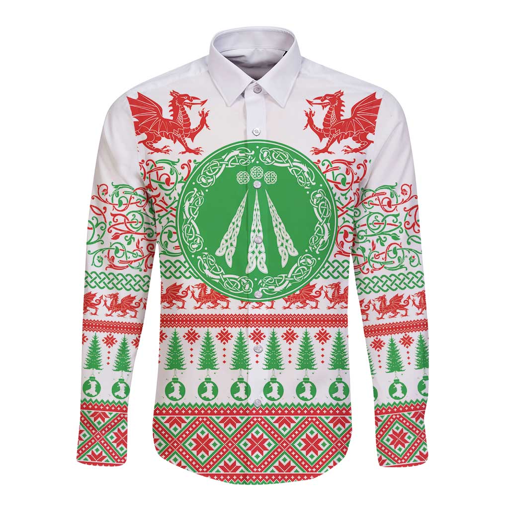Welsh Christmas Long Sleeve Button Shirt Awen and Celtics Culture with Xmas Elements - Wonder Print Shop