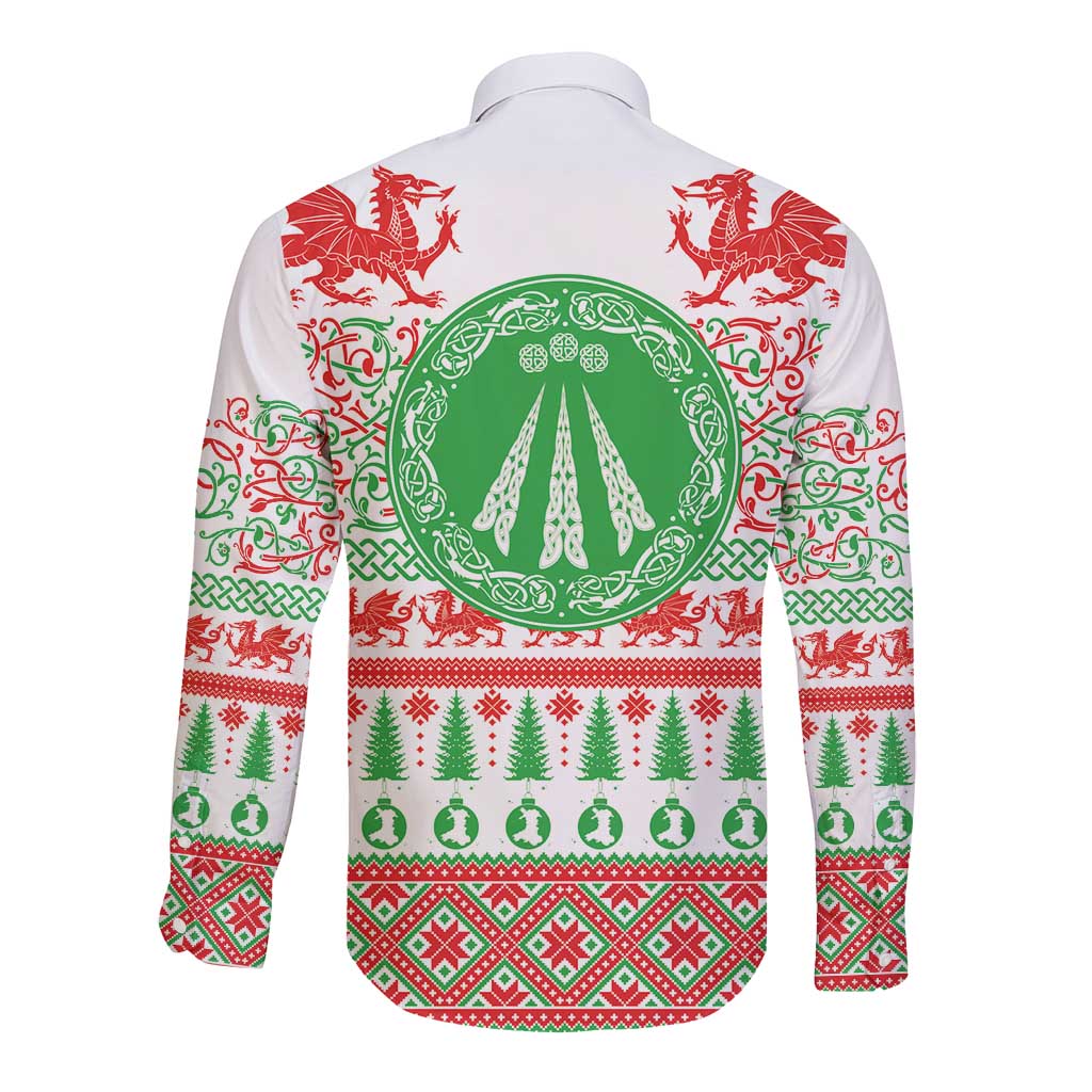 Welsh Christmas Long Sleeve Button Shirt Awen and Celtics Culture with Xmas Elements - Wonder Print Shop