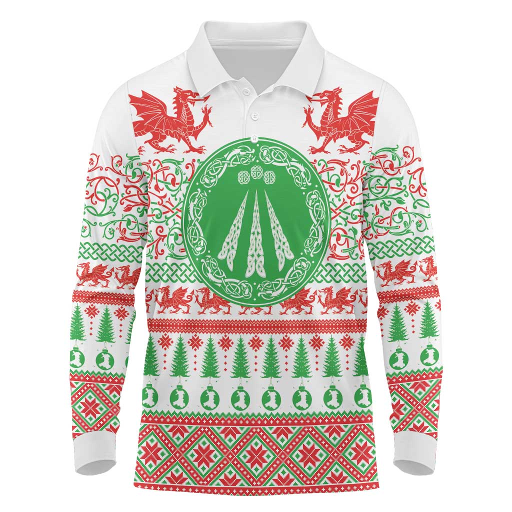 Welsh Christmas Long Sleeve Polo Shirt Awen and Celtics Culture with Xmas Elements - Wonder Print Shop